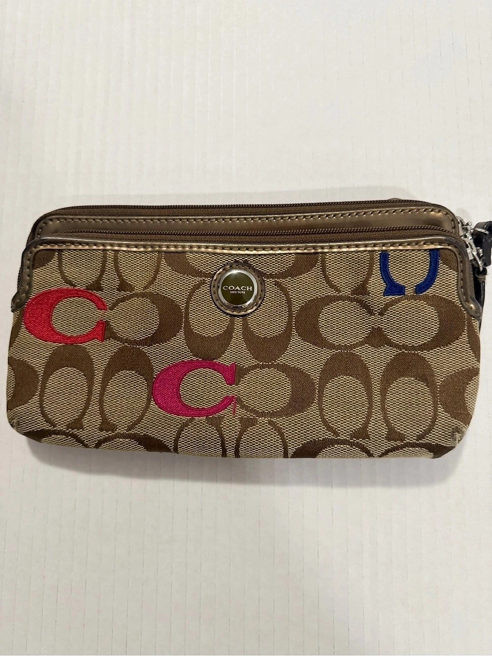 Coach Poppy Graffiti Signature C Multicolor Double Zip Wristlet Wallet Double